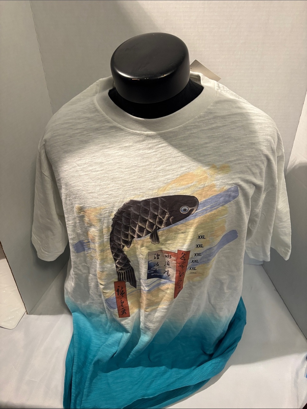 Source Unknown White and Teal Koi Graphic Short Sleeve Tee